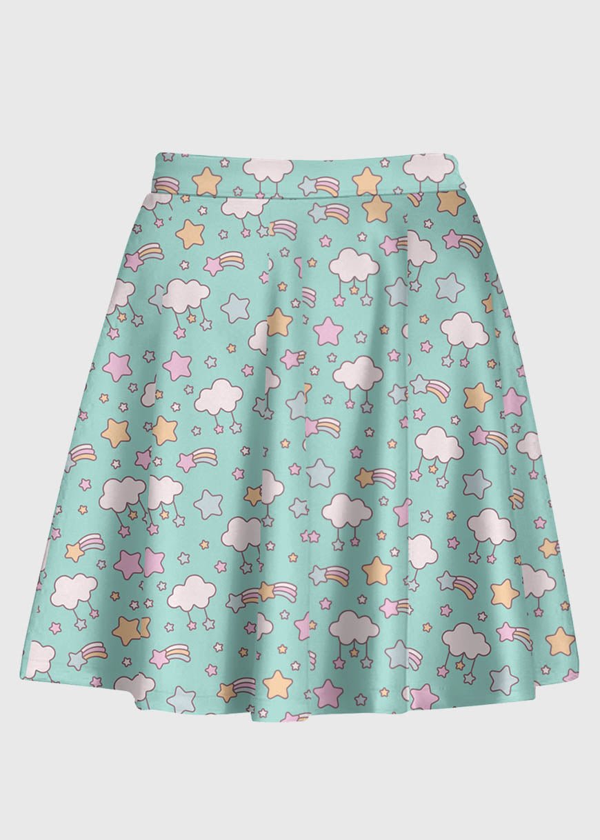 Fairy Kei Kawaii Cloud Stars Mint Skirt - In Control Clothing