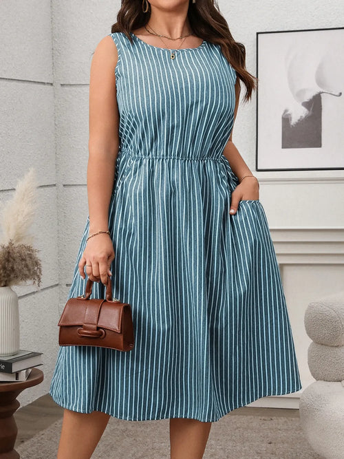 Plus Size Striped Round Neck Sleeveless Dress