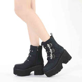 Edgy Black Goth Boots with Bat Buckle - Rugged Sole Ankle Booties