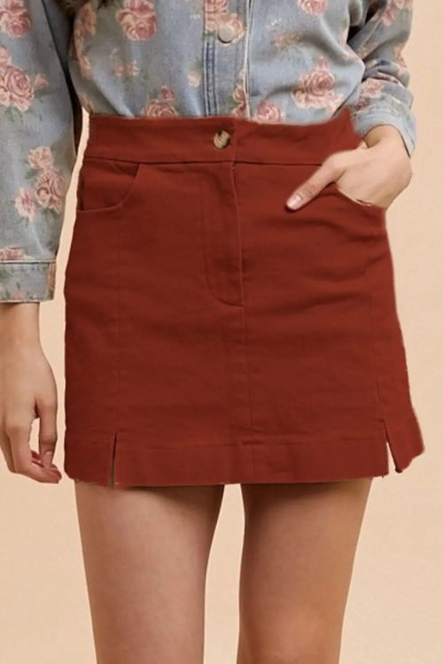 Rust High-Rise Chino Mini Skirt with Front Slits & Pockets