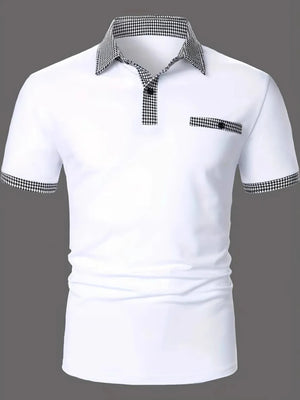 Men’s Smart Casual Polo Tee – Checkered Collar & Sleeve Cuff