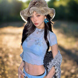 2000s Graphic Mesh Crop Top - Short Sleeve Sheer Tee for Women - In Control Clothing