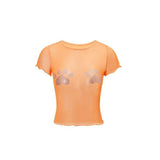 2000s Graphic Mesh Crop Top - Short Sleeve Sheer Tee for Women - In Control Clothing