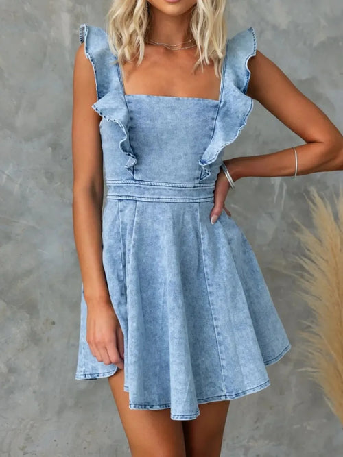 Cute Ruffle Strap Denim Skater Dress for Women