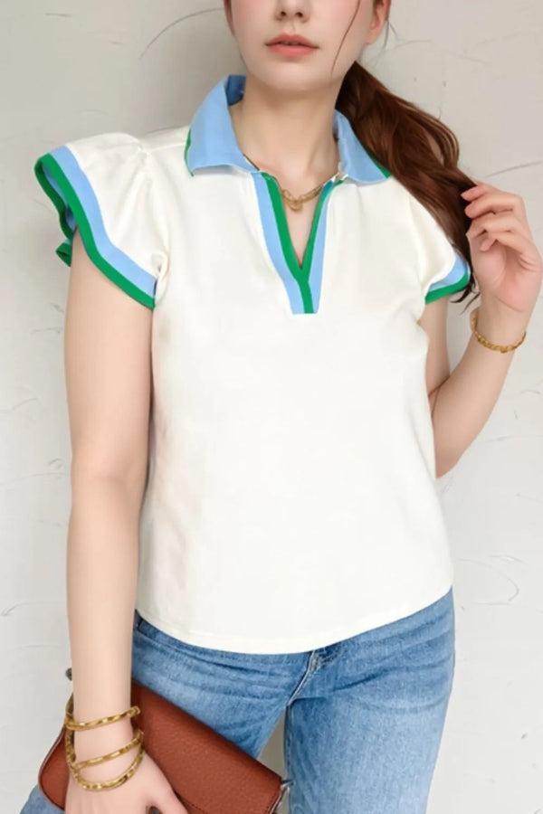 Contrast Ruffled Sleeve Collared V Neck Blouse