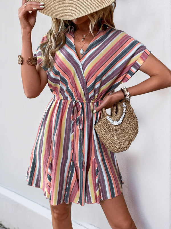 Striped Surplice Short Sleeve Dress