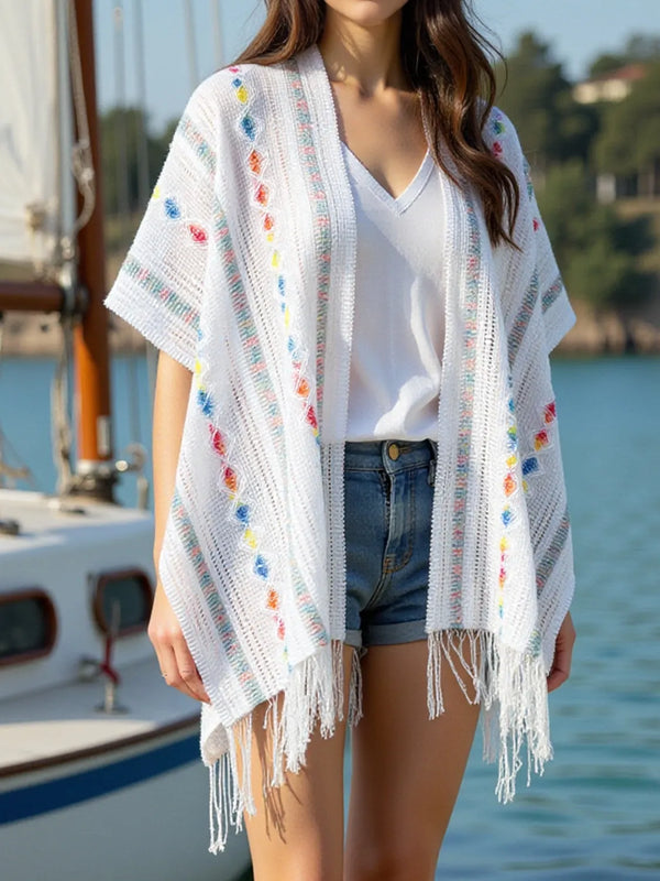 Openwork Fringe Open Front Knit Cape
