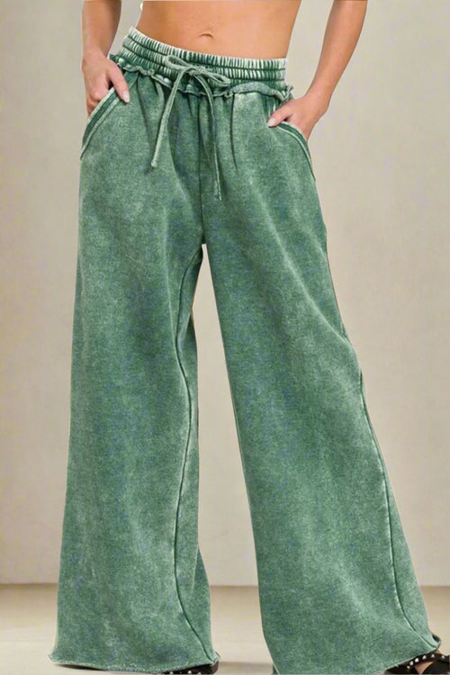 Acid Wash Fleece Palazzo Sweatpants with Pockets