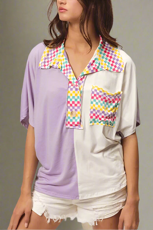 Pastel Block Color Collared Button-Up with Graphic Check Details