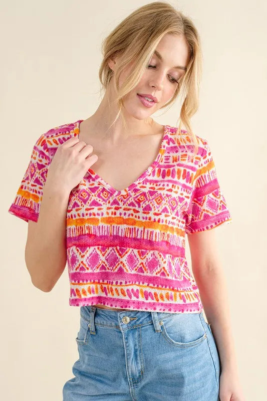 Tribal Print V-Neck Cropped Tee – Summer Statement Top