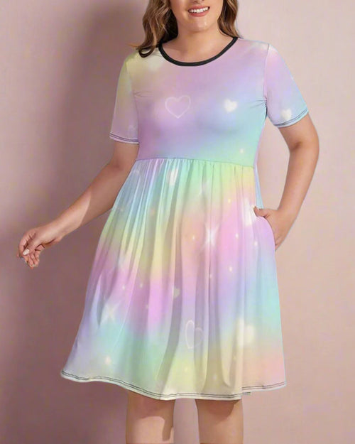 Plus Size Sweet Pastel Swing Dress – Kawaii Fashion with Short Sleeves