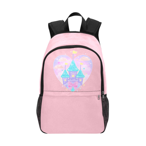 Kawaii Castle Pink Fabric Backpack with Mesh Pockets