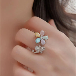 Kawaii 925 Sterling Silver Inlaid Zircon Flower & Butterfly Ring