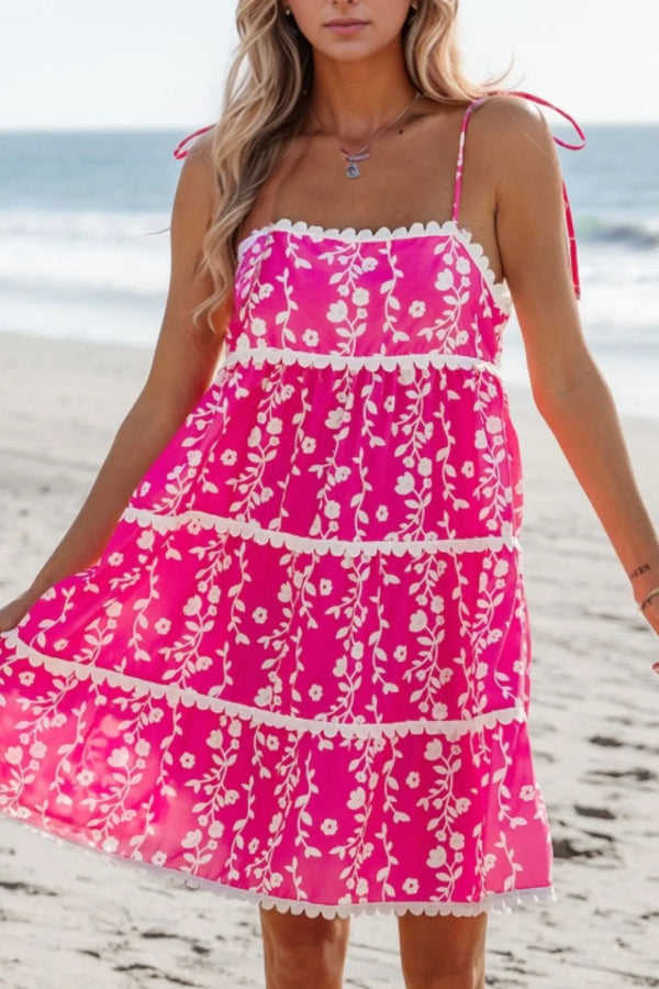 Floral Print Ric Rac Patched Sleeveless Mini Dress