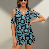 Womens Melting Smiley Off Shoulder Zip V-Neck Tunic