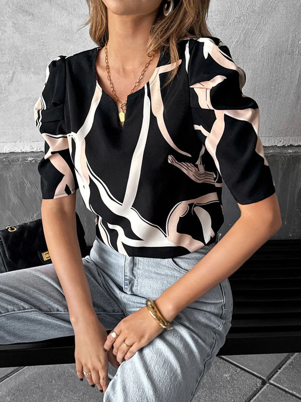 Abstract Print Puff Sleeve Notched Blouse
