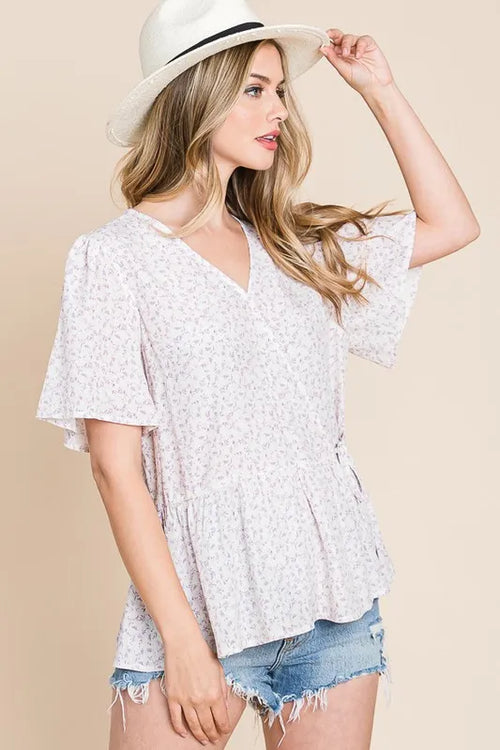 V-Neck Ditsy Print Peplum Blouse – Lightweight Summer Look