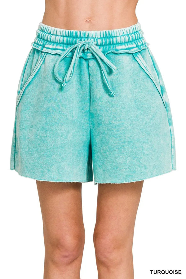 Zenana Acid Wash Fleece Drawstring Shorts With Pockets