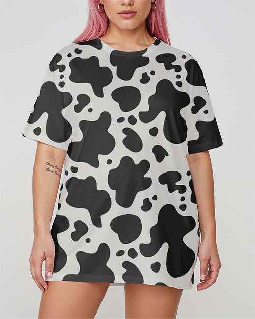 Women's Drop-Shoulder Cow Print T-Shirt