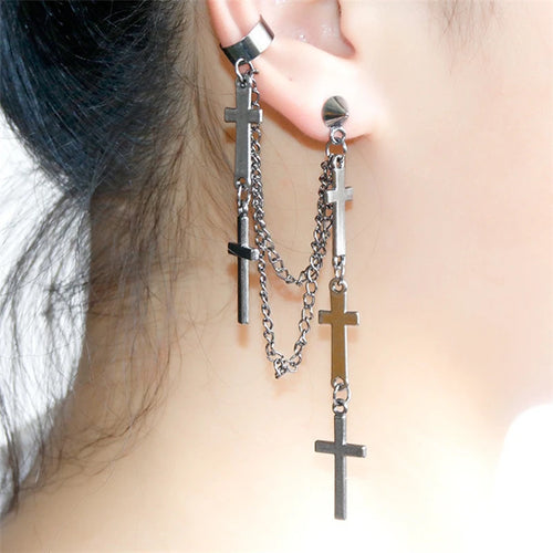 Bold Gothic Cross Dangle Earrings – Kpop Style Unique Metal Chain Detail