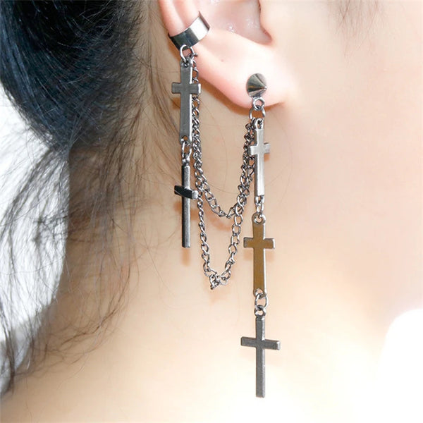 Bold Gothic Cross Dangle Earrings – Kpop Style Unique Metal Chain Detail