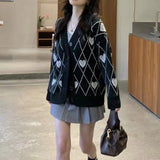 Heart Argyle Knit Sweater - Chic Long Sleeve Cardigan