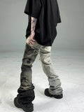 Mens Edgy Tattered Pants with Patched Stitching - Avant-Garde Style