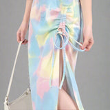 High Waist Multicolour Tie-Dye Skirt - Women's Streetwear A-Line Denim