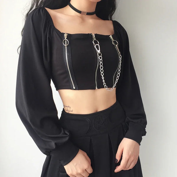 Trendy Y2K Acubi Aesthetic Zip Crop Top | Women's Sexy Off-Shoulder Long Sleeve Top