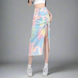 High Waist Multicolour Tie-Dye Skirt - Women's Streetwear A-Line Denim
