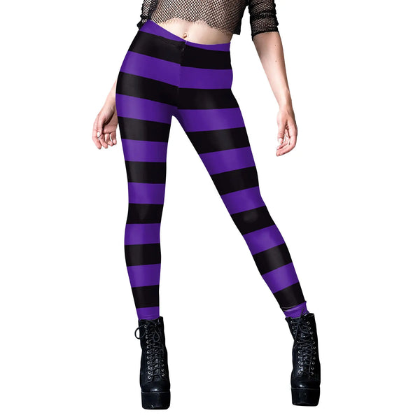 Women's Purple & Black Halloween Stripes Leggings - Cosplay Tight Fit