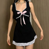 Sweet Coquette Mini Dress in Black with Lace and Bow Details