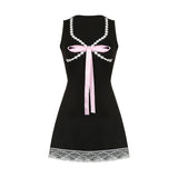 Sweet Coquette Mini Dress in Black with Lace and Bow Details