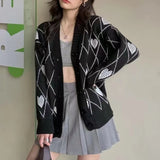 Heart Argyle Knit Sweater - Chic Long Sleeve Cardigan