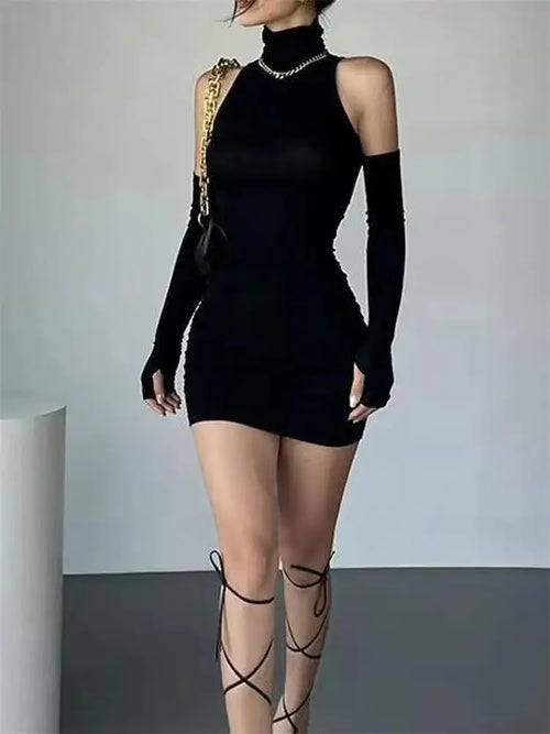 Ruched Black Turtleneck Bodycon Mini Dress