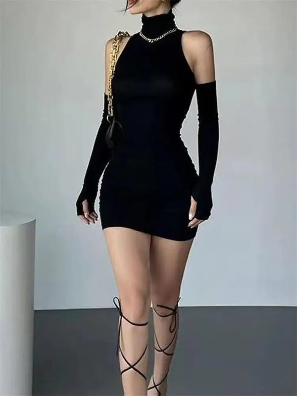 Ruched Black Turtleneck Bodycon Mini Dress