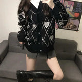 Heart Argyle Knit Sweater - Chic Long Sleeve Cardigan
