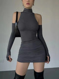 Ruched Black Turtleneck Bodycon Mini Dress