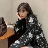 Heart Argyle Knit Sweater - Chic Long Sleeve Cardigan