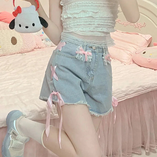 Cutecore Bow Denim Shorts – High-Waisted, Stylish & Edgy