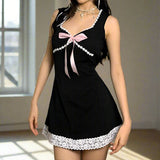 Sweet Coquette Mini Dress in Black with Lace and Bow Details