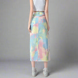 High Waist Multicolour Tie-Dye Skirt - Women's Streetwear A-Line Denim