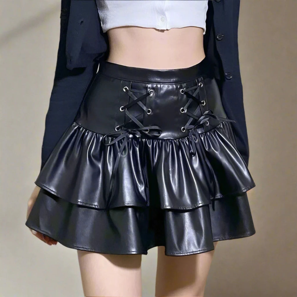 Acubi Aesthetic Black Faux Leather Lace - Up Mini Skirt - Y2K Fashion - In Control Clothing