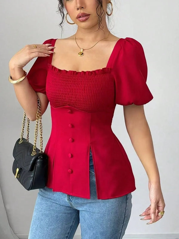 Y2K Puff Sleeve Square Neck Peplum Top for Women