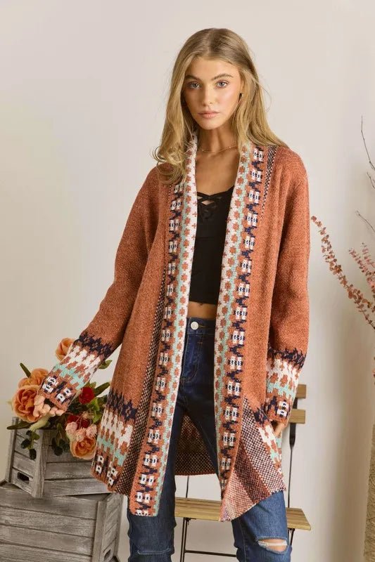 ADORA Full Size Tribal Border Sweater Cardigan Plus Size