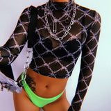 Alt Style Long Sleeve Crop Chain Print T Shirt - In Control Clothing