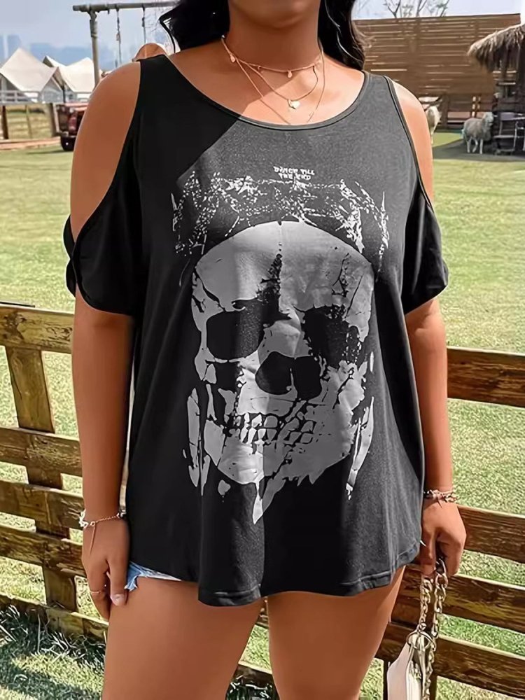 Alternative Plus Size Skull T-Shirt with Cold Shoulder Design - In Control Clothing