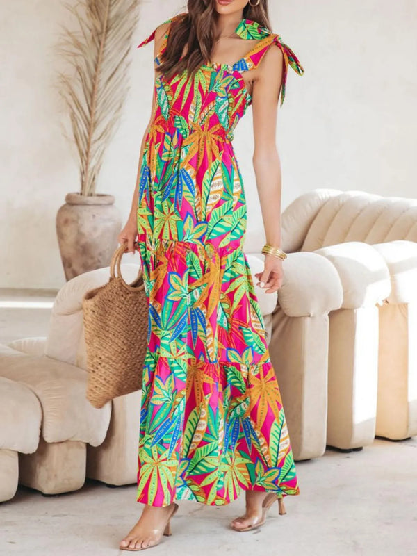 Tropical Print Tie Shoulder Maxi Dress