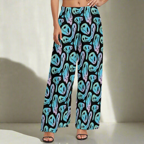 Psychedelic Smiley Face Wide-Leg Trousers – Stand Out with Bold Prints