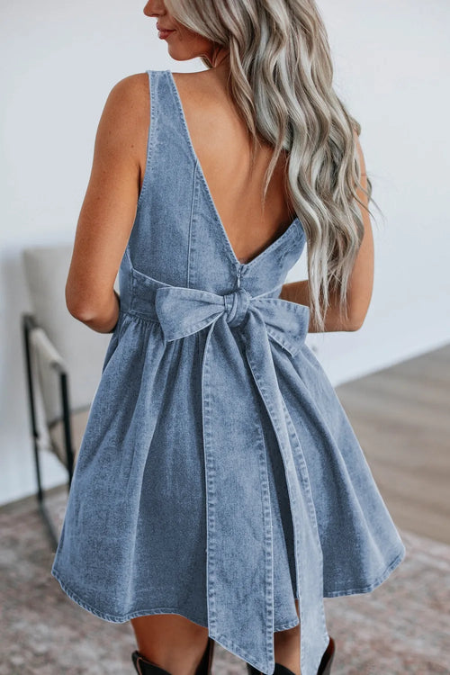 V-Back Bow Tie Denim Skater Dress